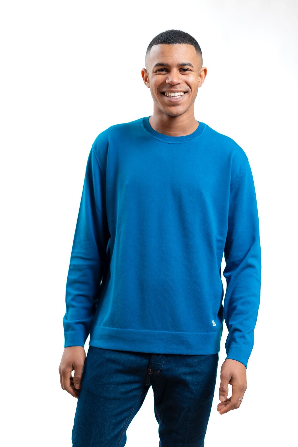cp company uomo maglioncino azzurro in cotone sea island, fronte