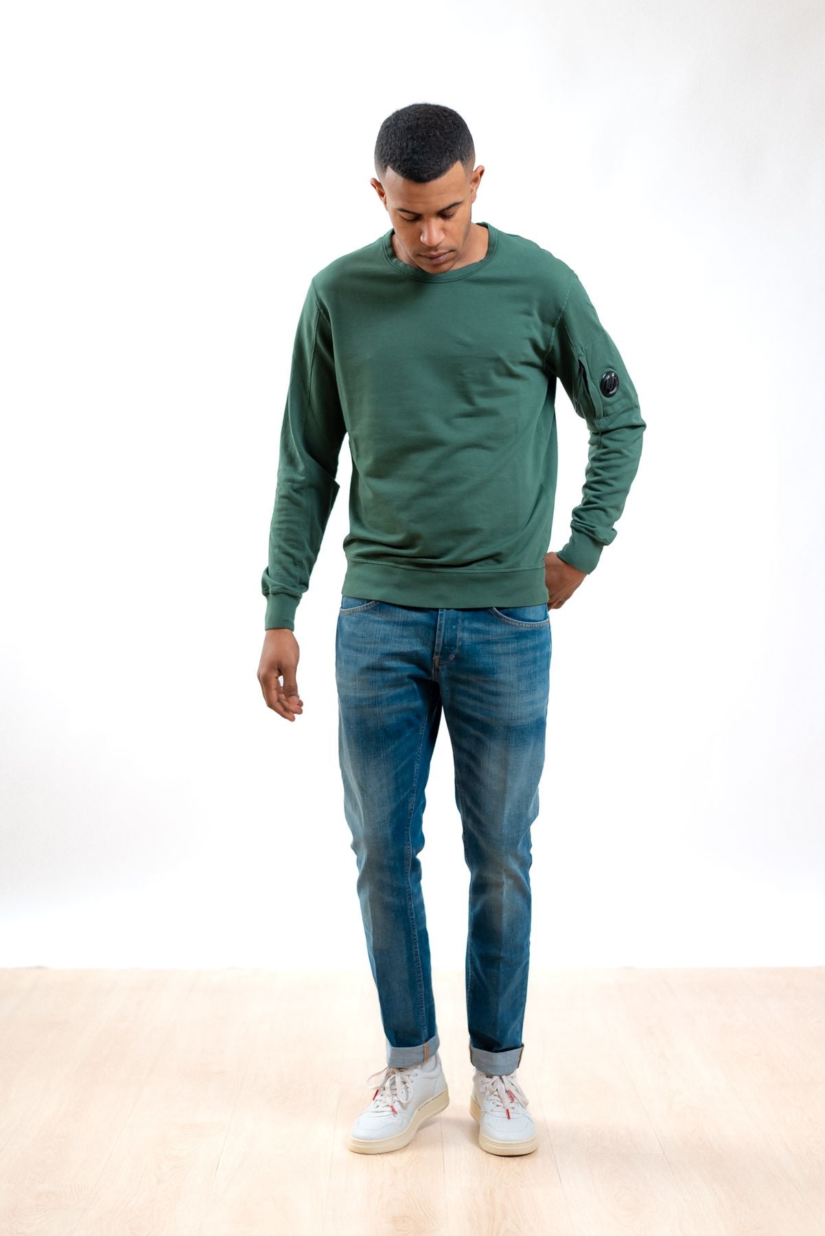 cp company uomo felpa light fleece verde a girocollo, intero