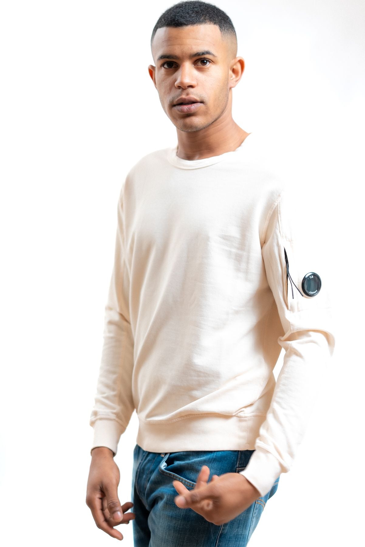 cp company felpa light fleece beige a girocollo, fronte