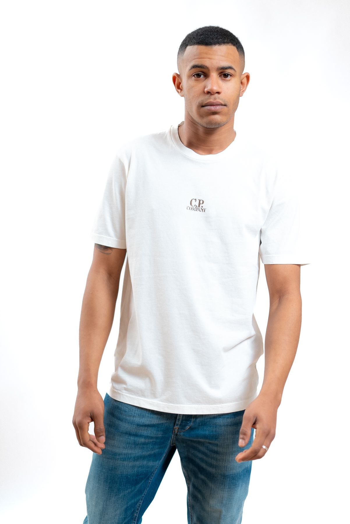 cp company uomo t-shirt bianca con stampa Artisanal Three Cards, fronte