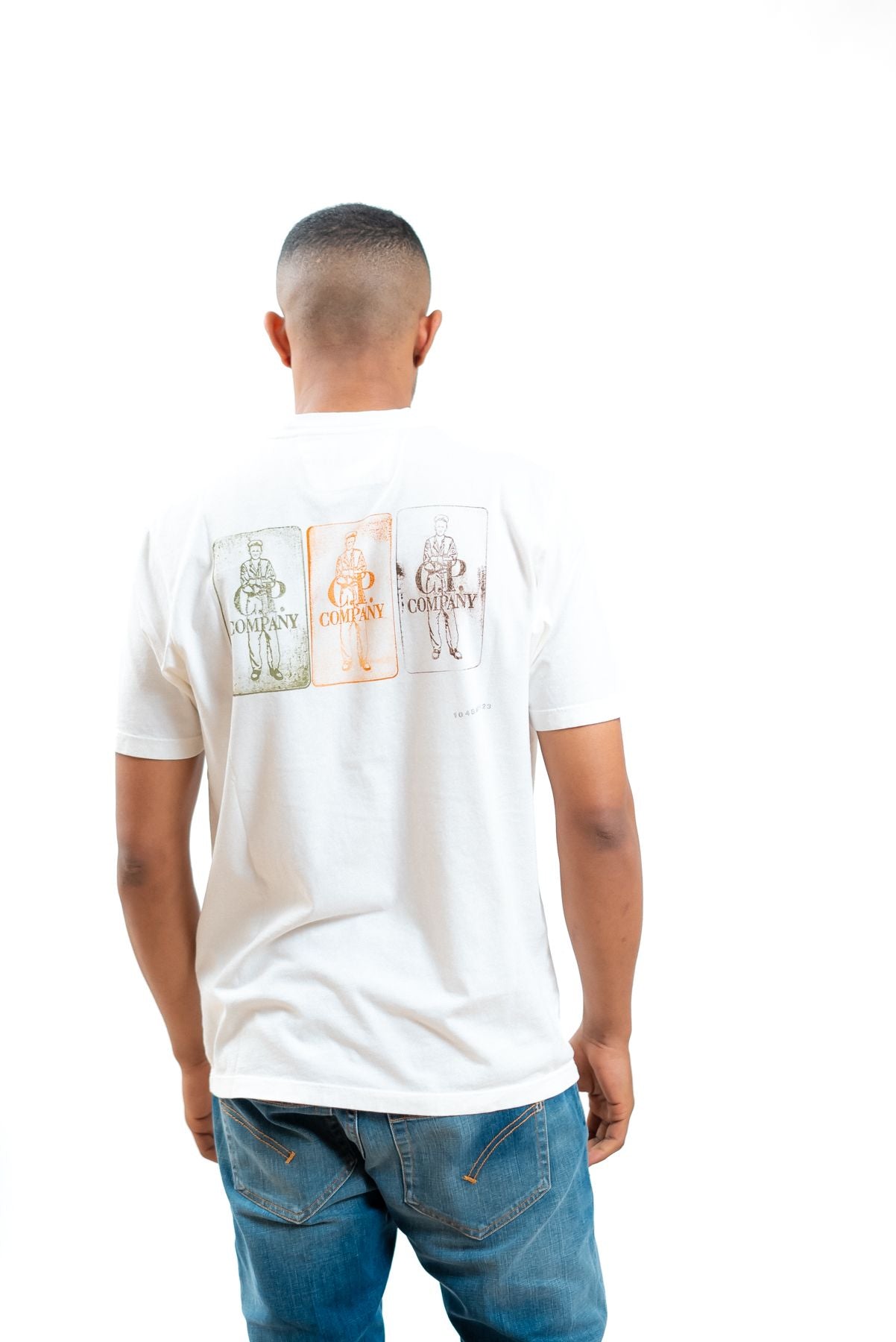 cp company uomo t-shirt bianca con stampa Artisanal Three Cards, retro