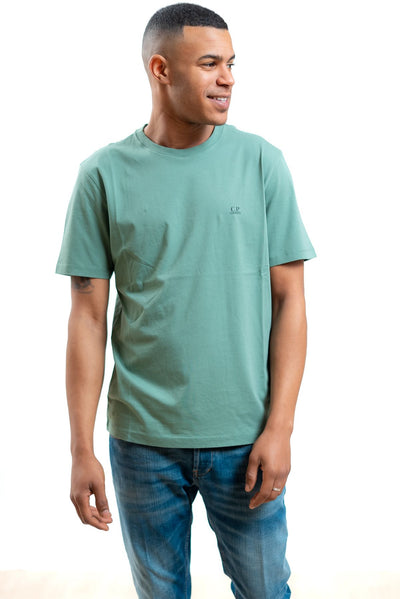 cp company uomo t-shirt verde in jersey con logo e stampa goggle, fronte