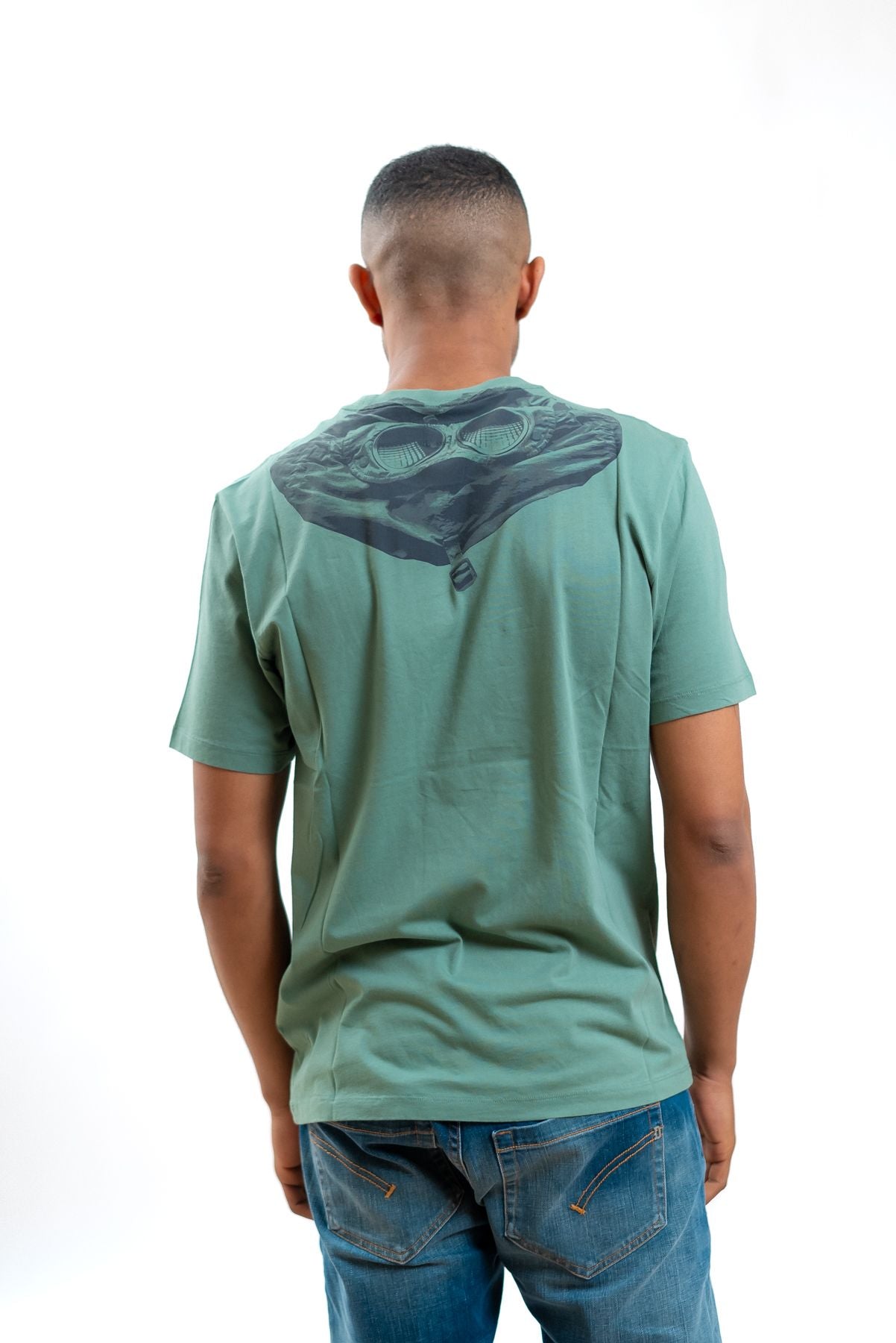 cp company uomo t-shirt verde in jersey con logo e stampa goggle, retro