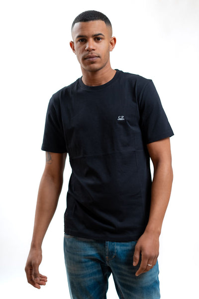 cp company uomo t-shirt nera in jersey con logo e stampa goggle, fronte