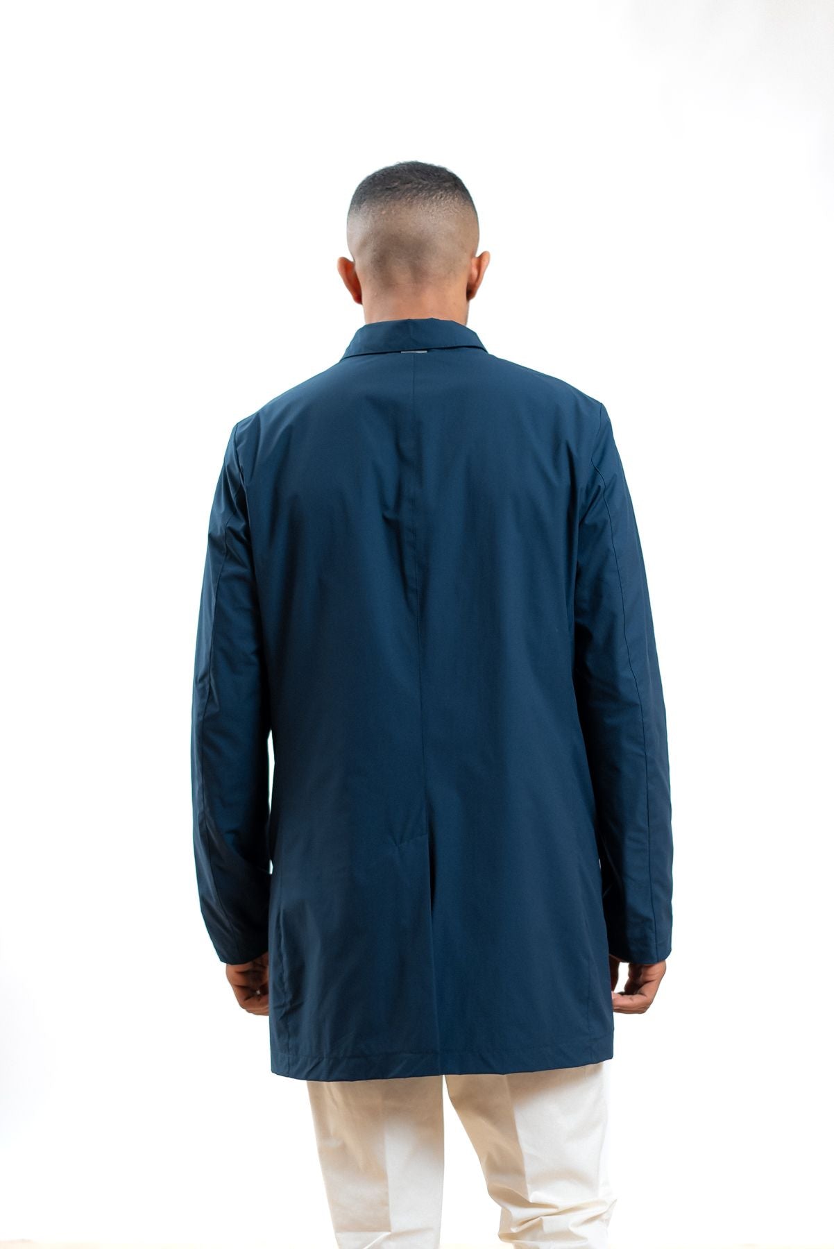 people of shibuya uomo giubbino lungo impermeabile blu toshiro, dettaglio