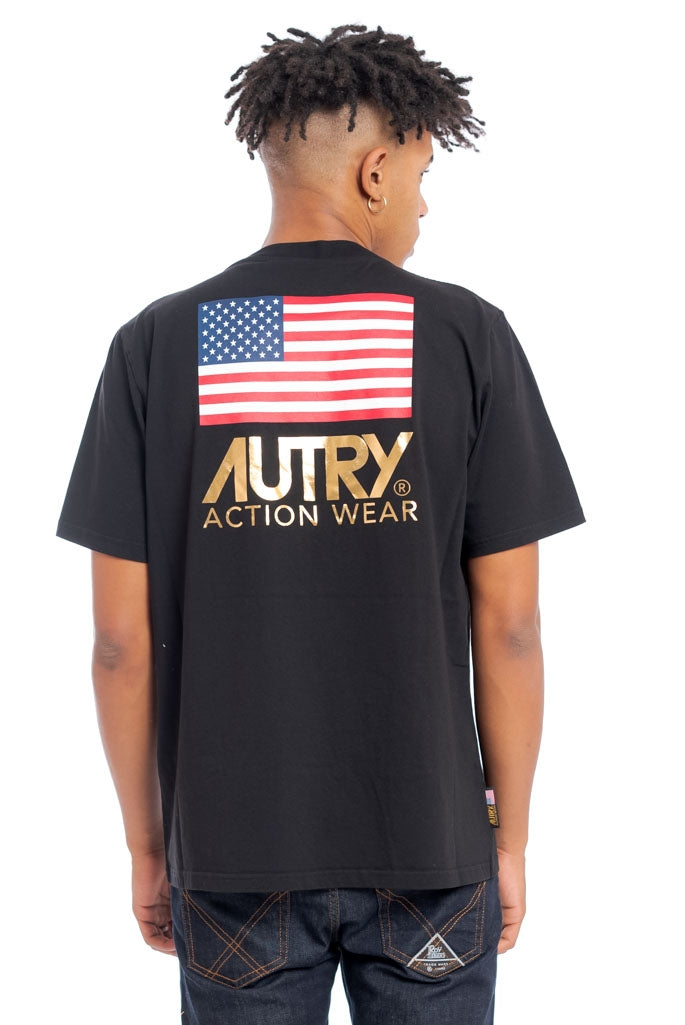 Autry - T-shirt Nera con Logo Bandiera Americana