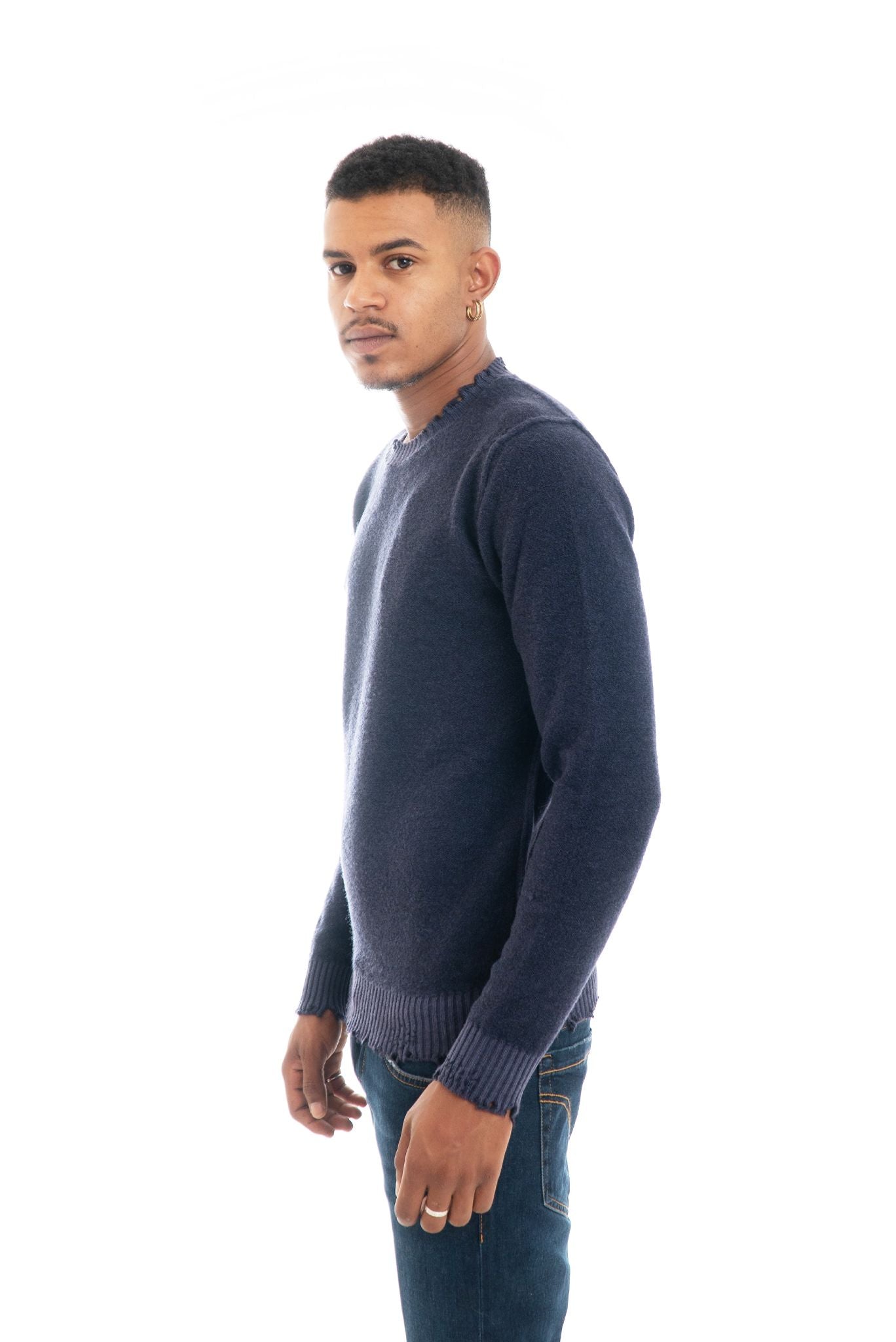 Maglione Blu in Lana con Toppa Denim mi