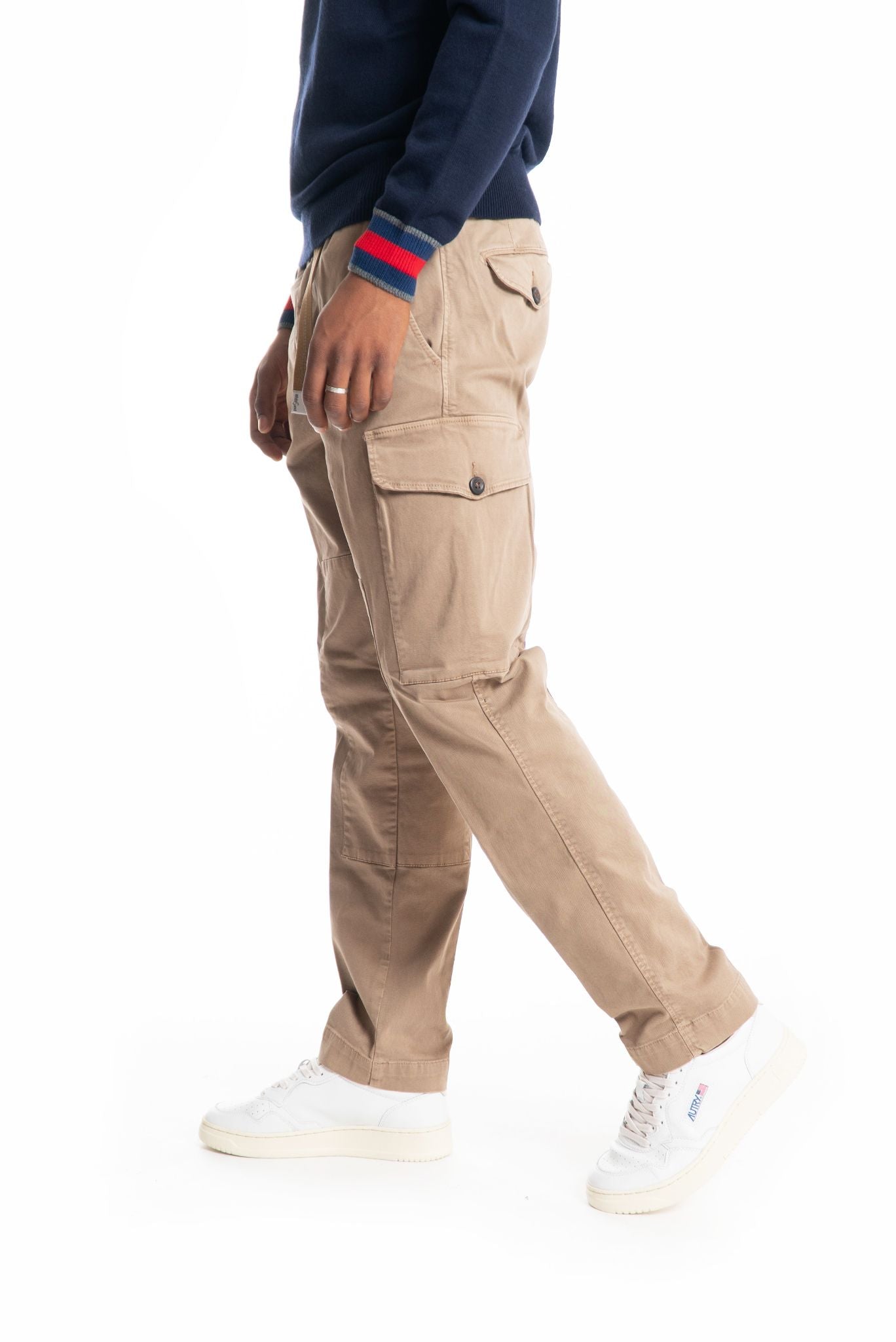 white sand pantalone cargo in cotone beige con coulisse, lato