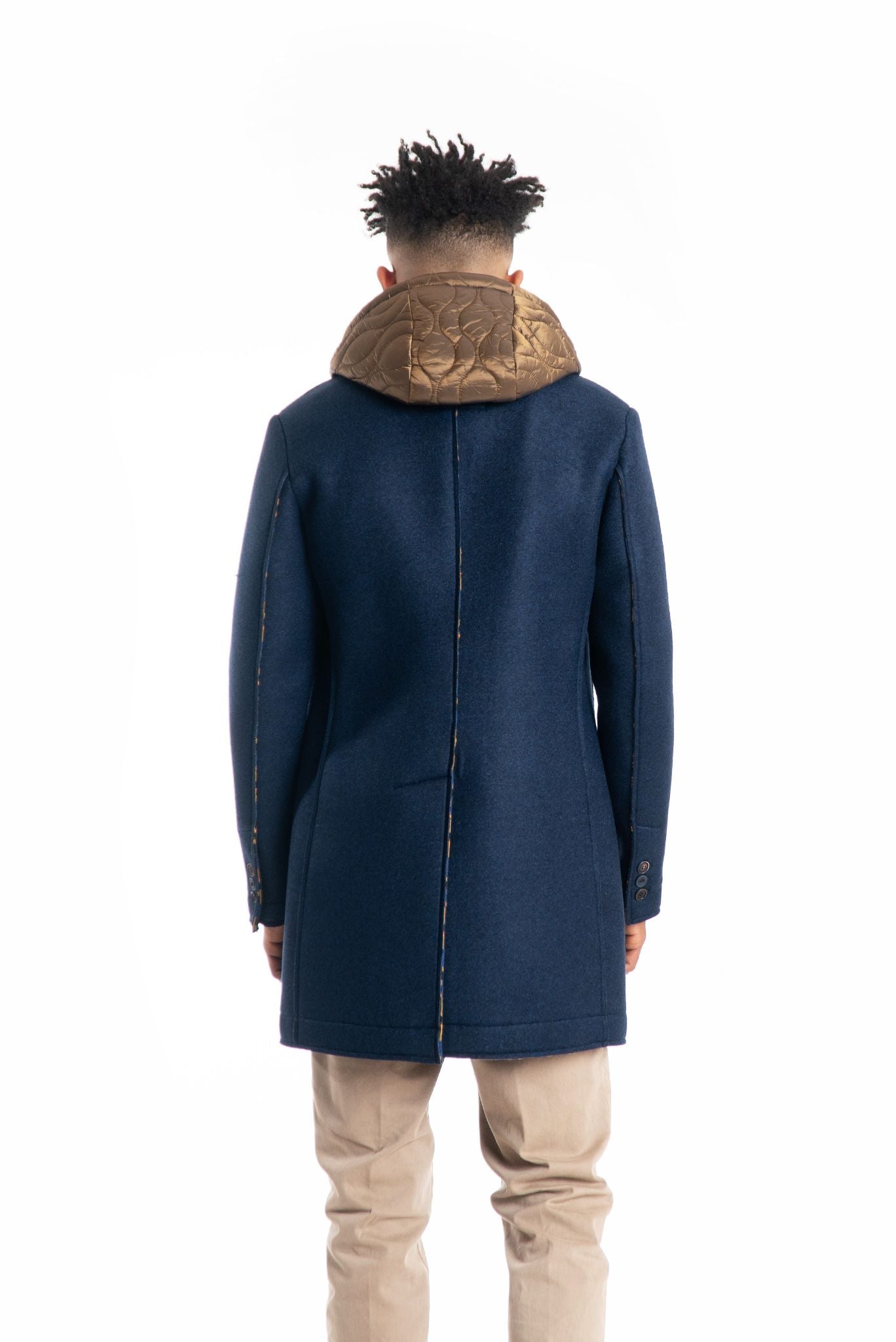 bob company cappotto blu con cappuccio removibile, retro