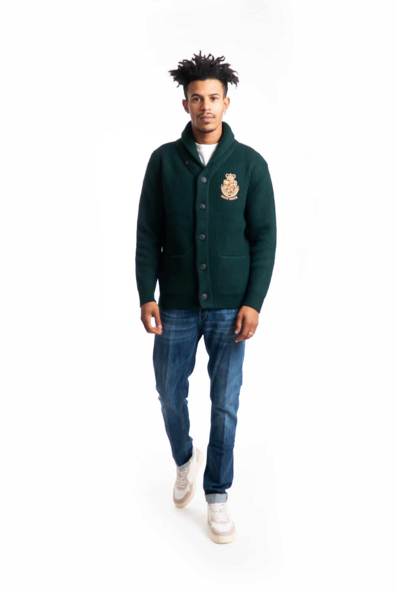 mc2 saint barth uomo cardigan verde scuro in lana modello college, intero