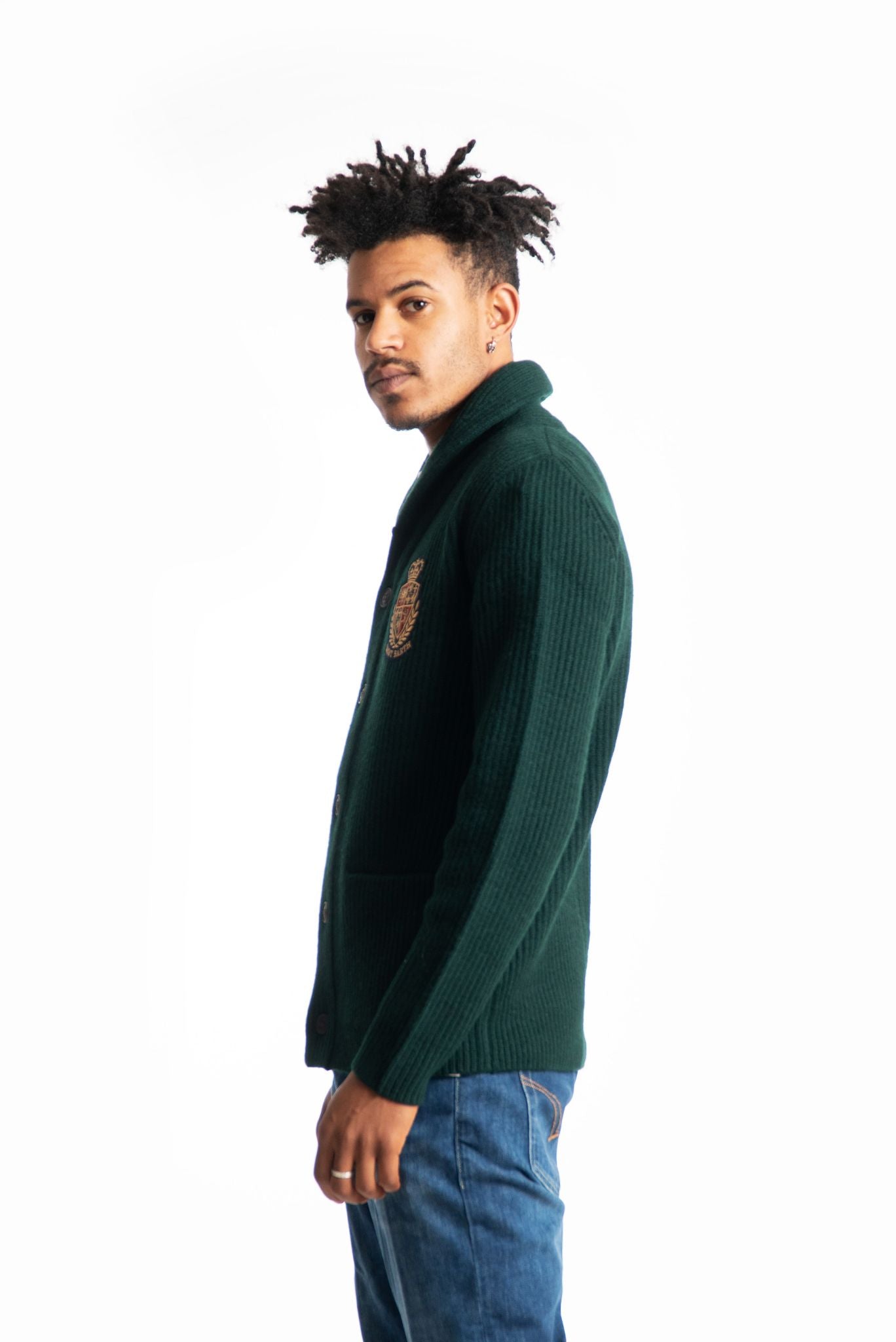 mc2 saint barth uomo cardigan verde scuro in lana modello college, lato
