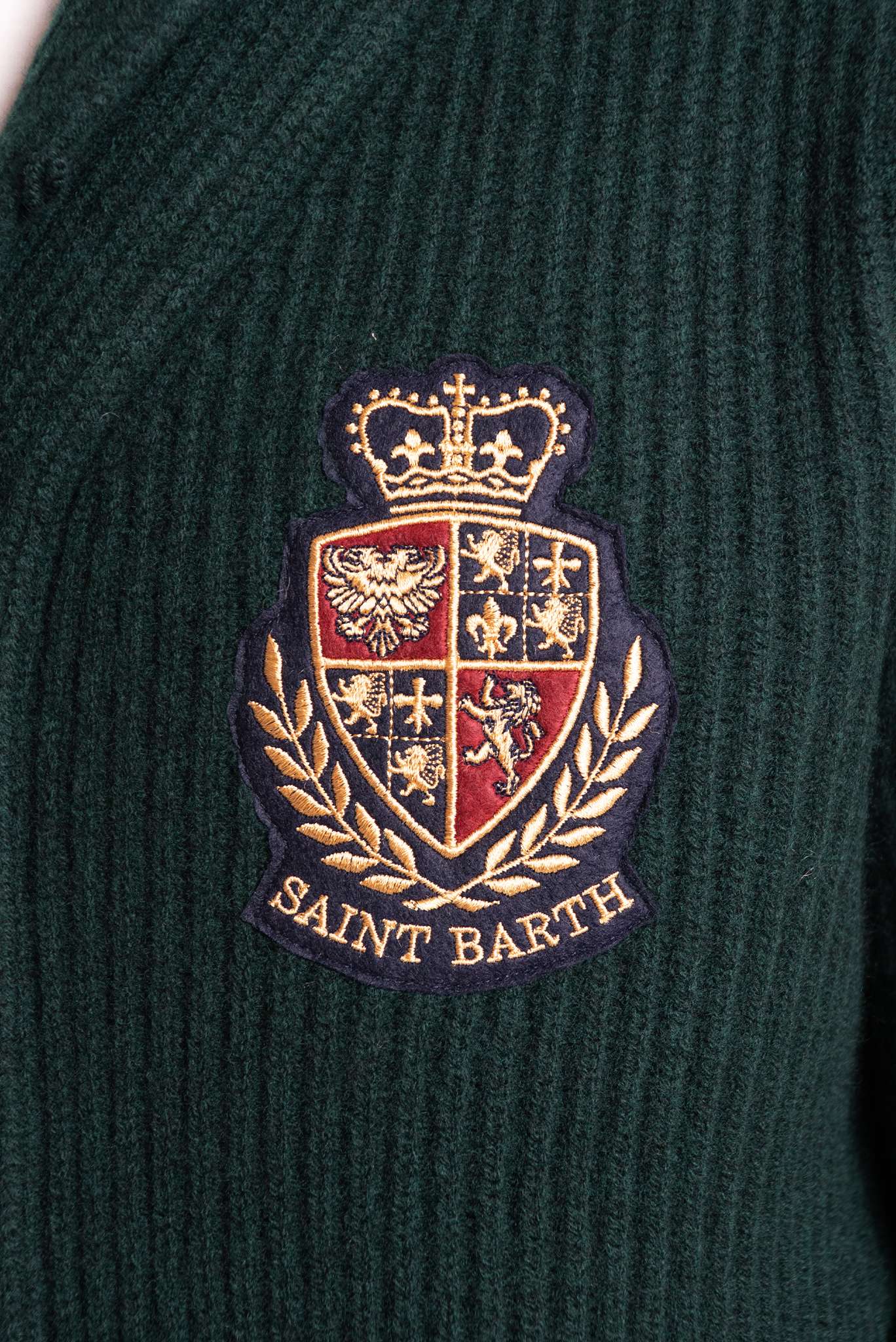 mc2 saint barth uomo cardigan verde scuro in lana modello college, dettaglio