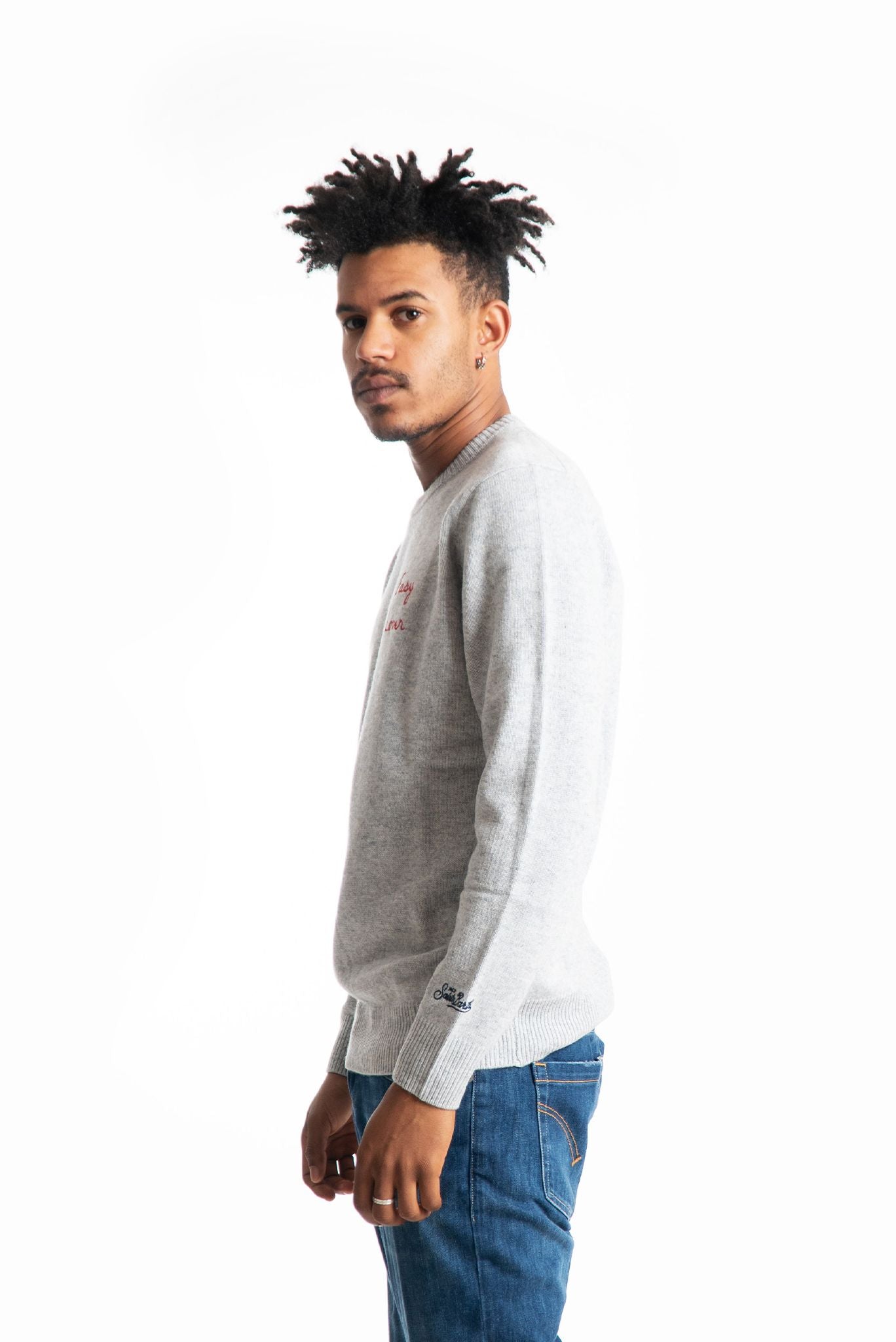 Mc2 saint barth uomo maglione grigio in misto lana con scritta "easy lover", lato
