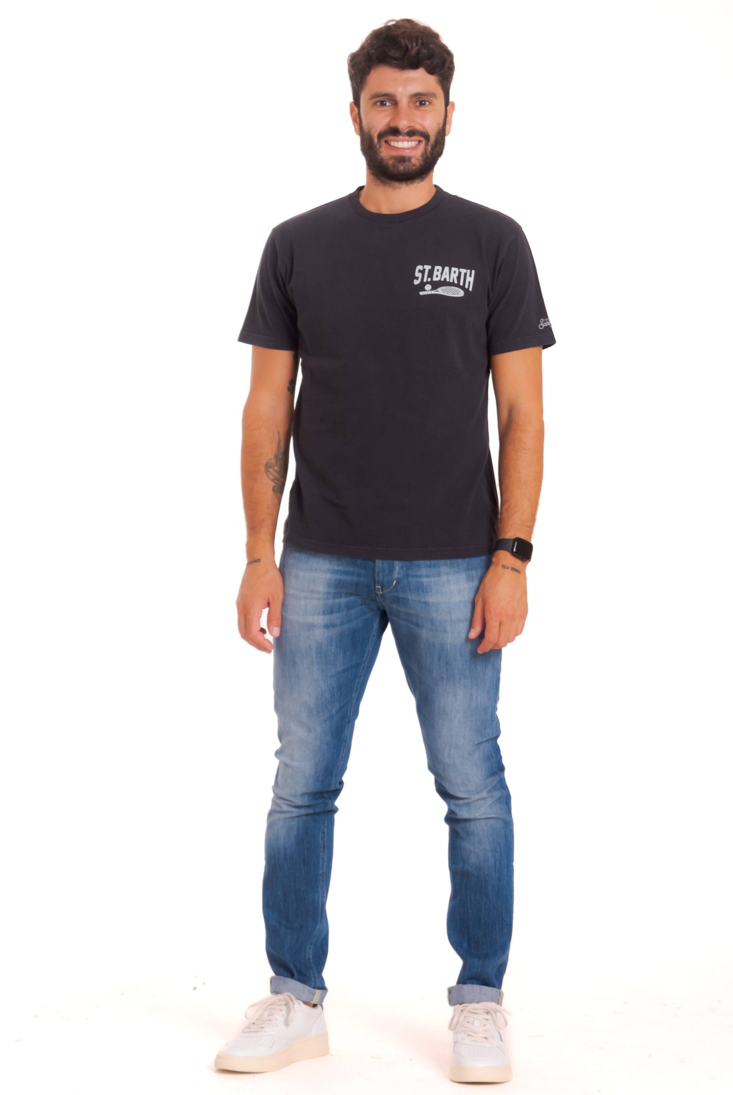 mc2 saint barth t-shirt da uomo nera vintage in cotone con stampa Apres Padel Crew, fronte