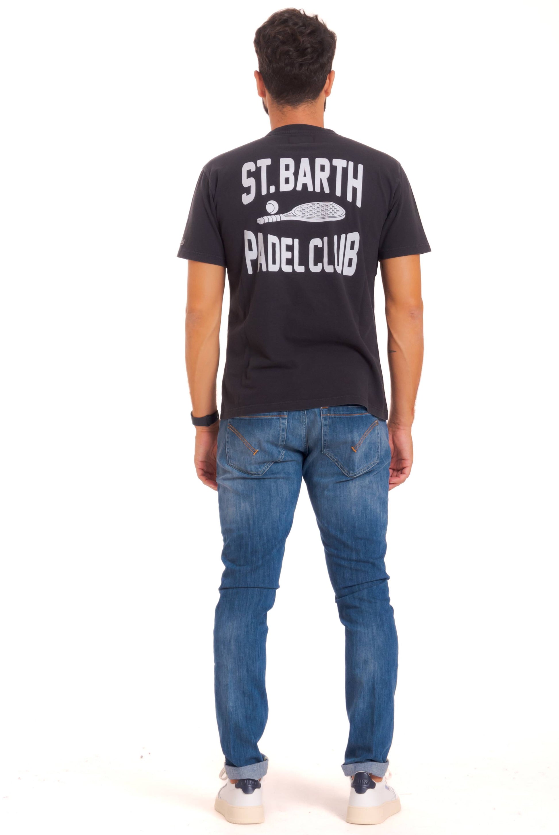 mc2 saint barth t-shirt da uomo nera vintage in cotone con stampa Apres Padel Crew, retro