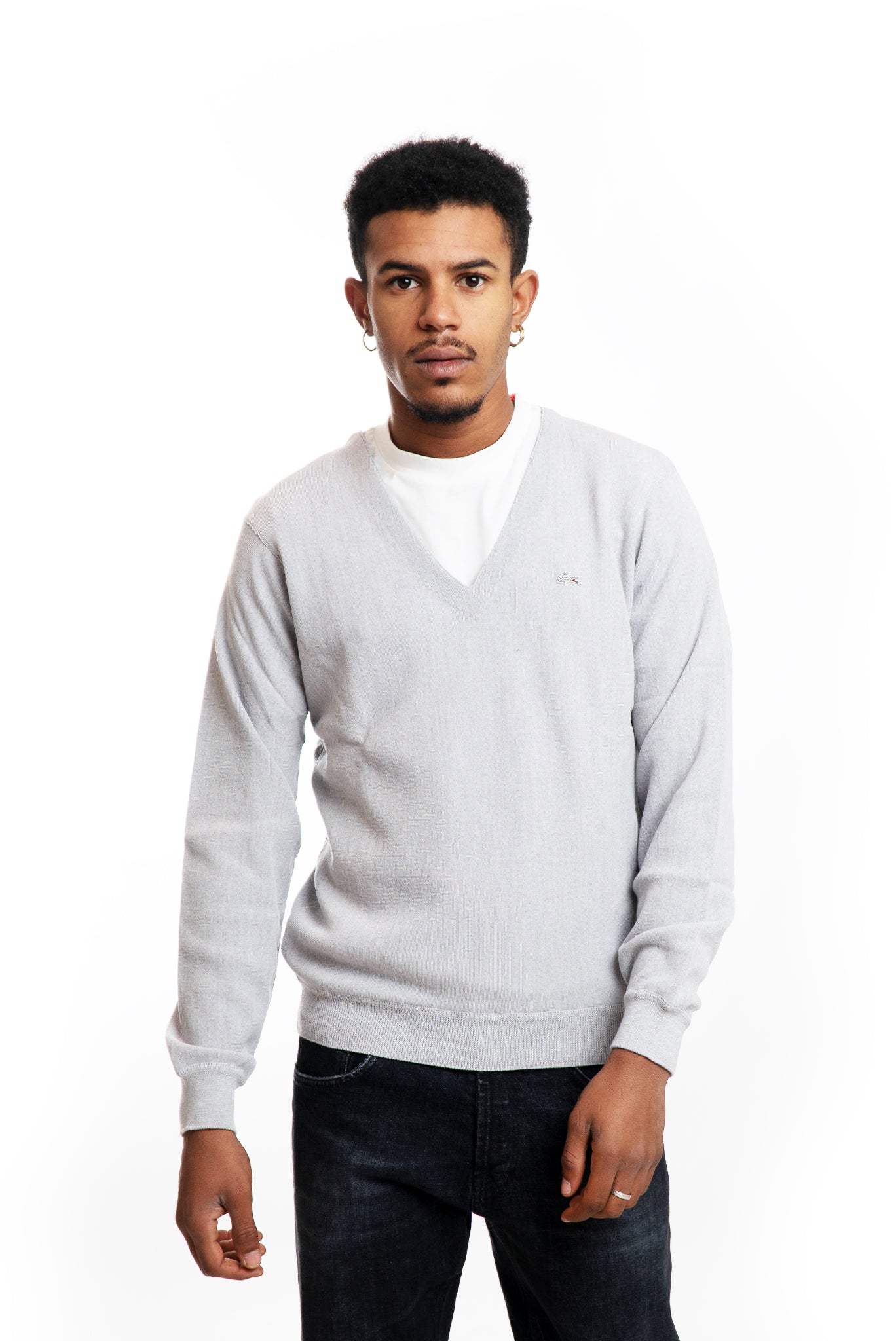 Maglione Grigio Scollo a V in Lana Merino