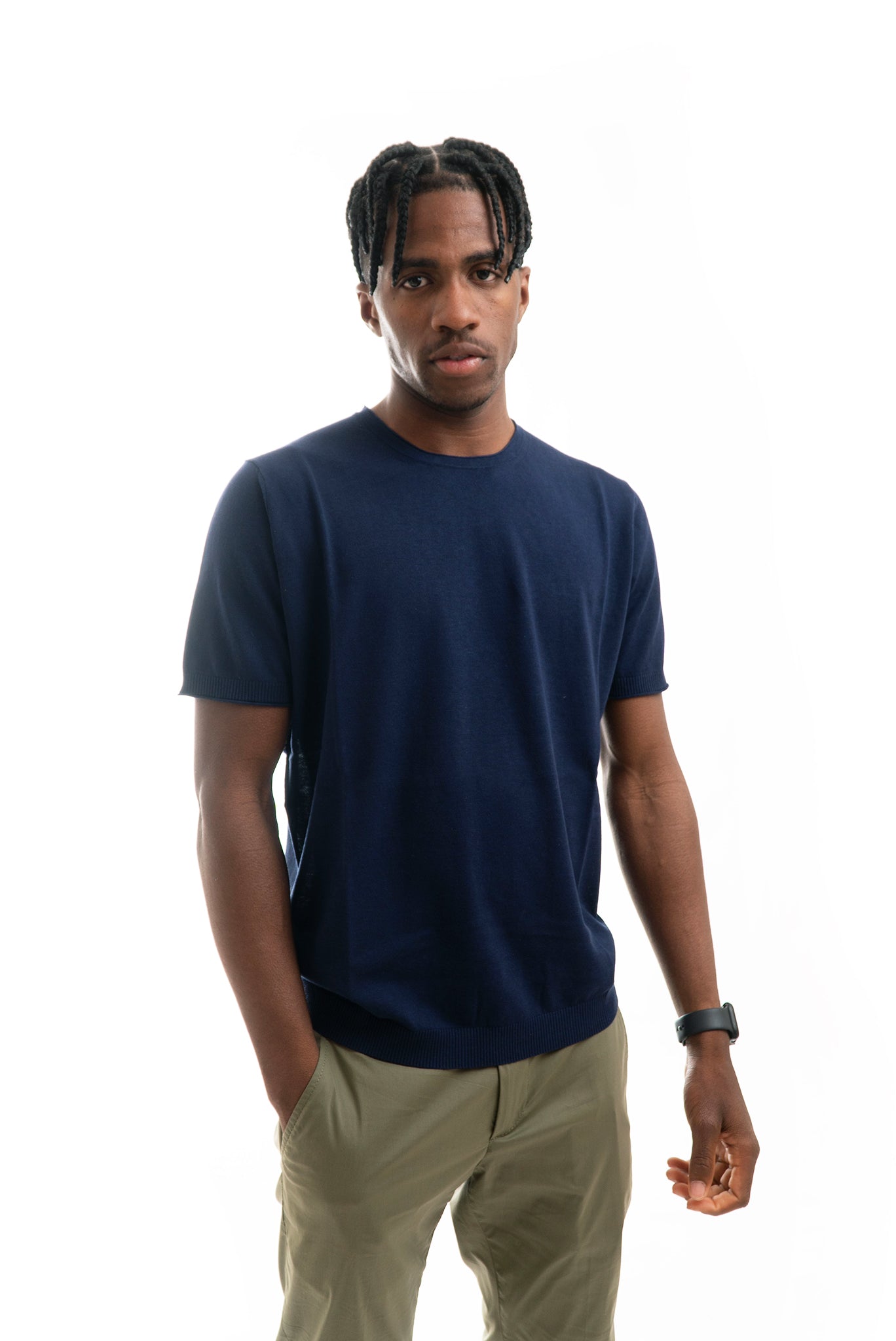 T-shirt in Maglia in Filo di Cotone Blu